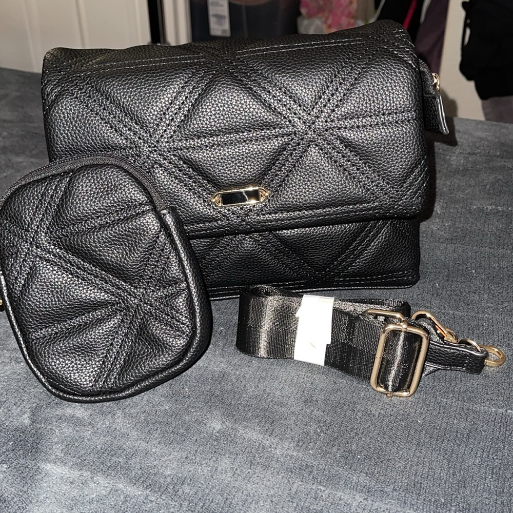 Vegan Black Soft Crossbody Bag with Pouchie & Guitar Strap